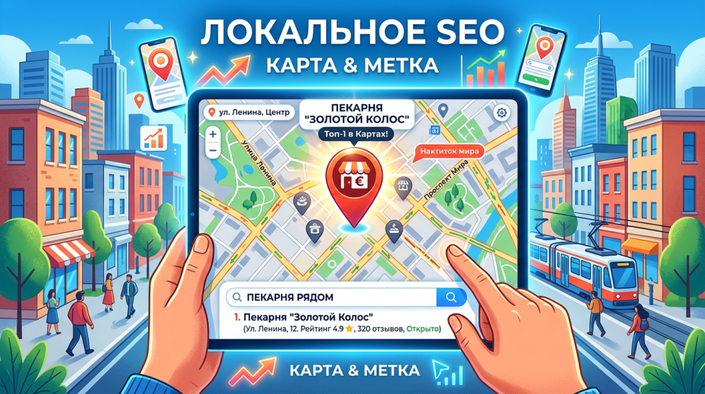 Tablet screen displaying a local SEO map with bakery 'Золотой Колос' pinned