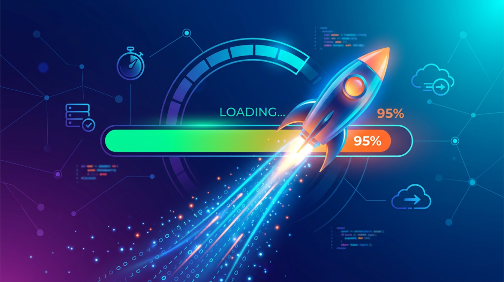 Loading bar at 95% with rocket launching representing fast progress
