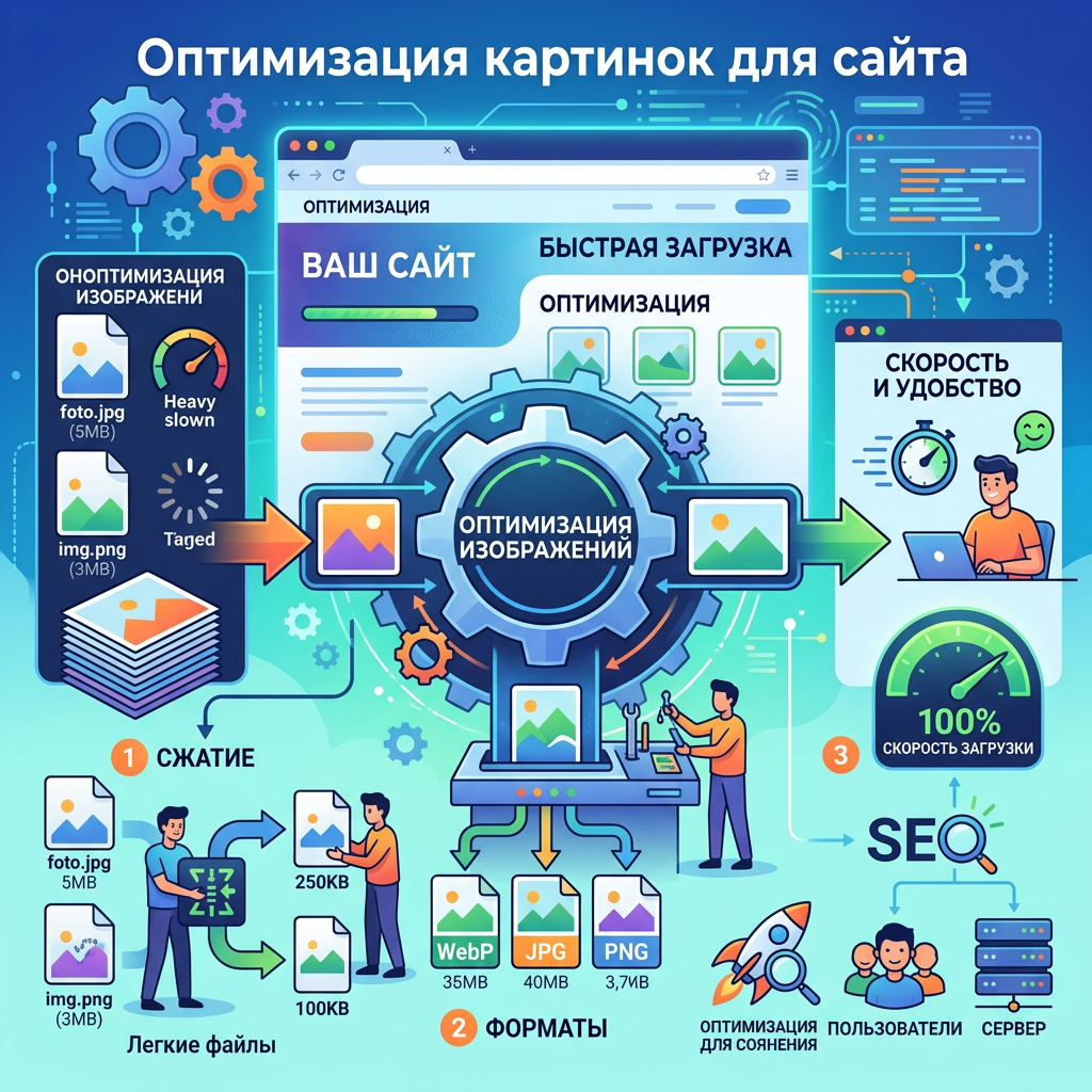 Diagram showing image optimization process for faster website loading and improved SEO with file compression and formats